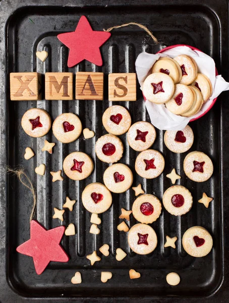 Linzer Christmas New Year Cookies Filled Jam Dusted Sugar Dark — Stock Photo, Image