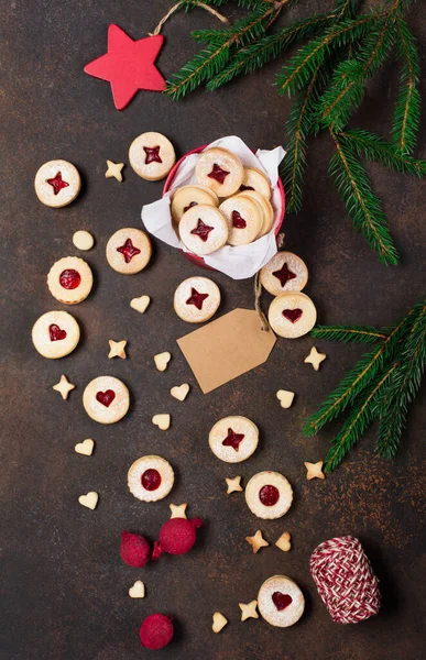 Linzer Christmas New Year Cookies Filled Jam Dusted Sugar Dark — Stock Photo, Image