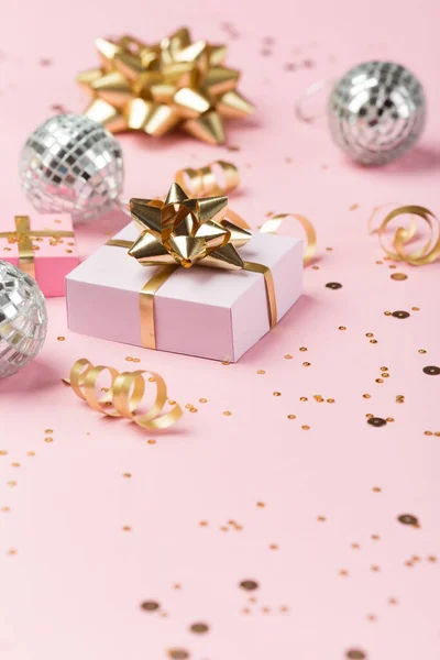 Christmas Composition Gold Silver Decorations Mirror Disco Balls Gifts Pastel — Stock Photo, Image