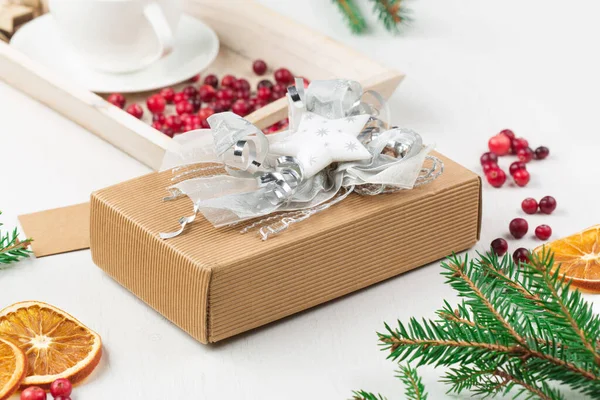 Natürliche Weihnachtsdekoration Tasse Kaffee Hausgemachtes Süßes Geschenk Festlicher Schachtel Leere — Stockfoto