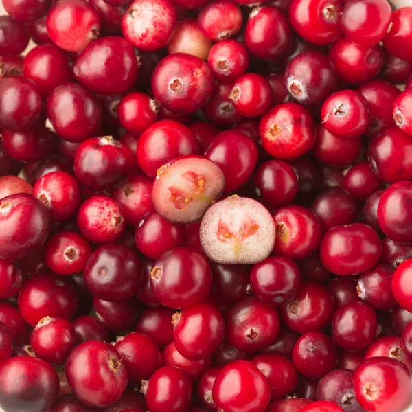 赤おいしいカラフルなクランベリー トップビューと背景 ソフトフォーカス エコクッキービジネスのためのクローズアップクランベリー写真 抗酸化天然のカクベリーの収穫 明るい色 — ストック写真
