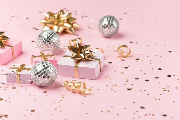 Christmas Composition Gold Silver Decorations Mirror Disco Balls Gifts Pastel — Stock Photo, Image