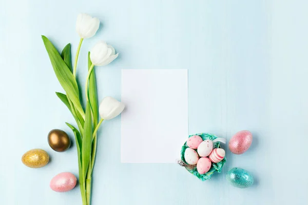 Easter Greeting Card Easter Eggs Tulip Flowers Blue Wooden Background — Stock Photo, Image