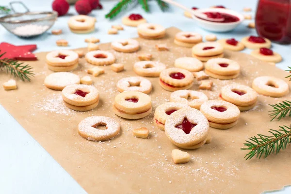 Linzer Christmas New Year Cookies Filled Jam Dusted Sugar Blue — Stock Photo, Image