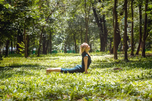 Urdhva Mukha Svanasana. Yoga asanas in nature. Yoga poses everyday. Practicing young woman. Yoga in the park