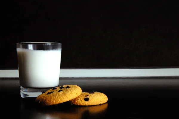 Good Morning Breakfast Cookies Glass Milk Yogurt Black Background Minimal — Stock Photo, Image