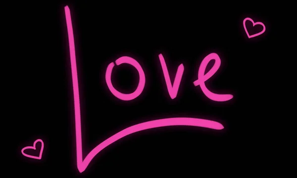 Love word hand drawn lettering. Pink glow text design. Neon black night art with Two hearts — Stock Photo, Image