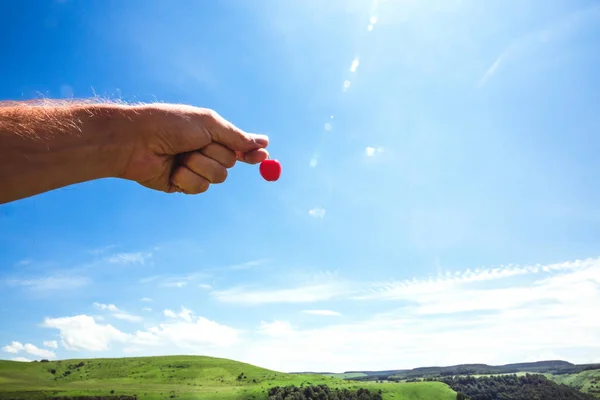 Un hombre sostiene cerezas rojas en su mano sobre un fondo de cielo azul. — Foto de Stock