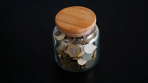 Jar Full Coins Black Background Saving Money — Stock Photo, Image