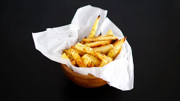 Fried Potatoes Black Table — Stock Photo, Image