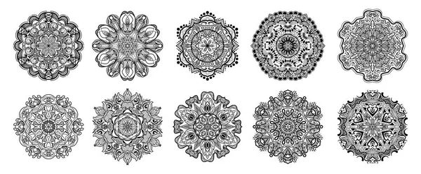 一套Mandala花 老式装饰元素 东方图案 白色背景上的矢量图解 彩色书页 — 图库矢量图片