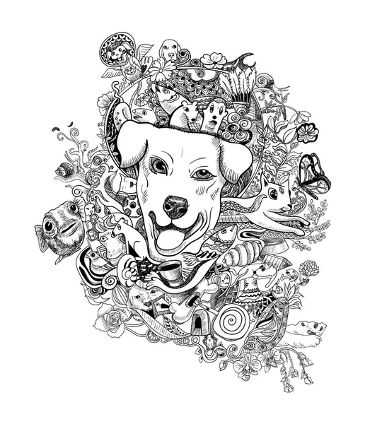Menggambar Corat Coret Kepala Anjing Dengan Hewan Bunga Dan Bentuk - Stok Vektor