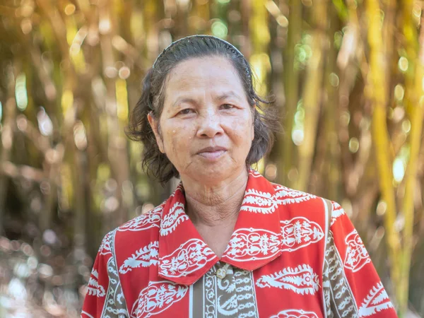 Closeup Old Thai Woman Portrait Smiling Face Garden Bokeh Bamboo — Stock Photo, Image