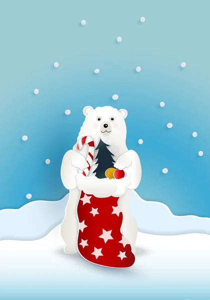 Ilustracja Wektorowa Niedźwiedź Czerwony Obecny Torba Worek Padającego Śniegu Niebieskim — Wektor stockowy