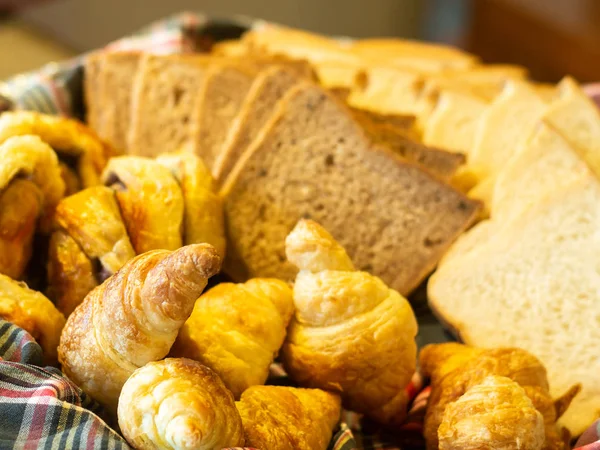 Closeup Bread Basket Breakfast Prepare Guest Hotel — Stock Photo, Image