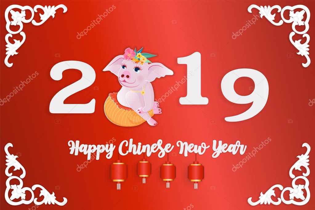 Happy Chinese New Year 2019 year of the pig, a cute pig paper cut style, Zodiac sign for greetings card, flyers, invitation, posters, brochure, banners, calendar. vector illustration.