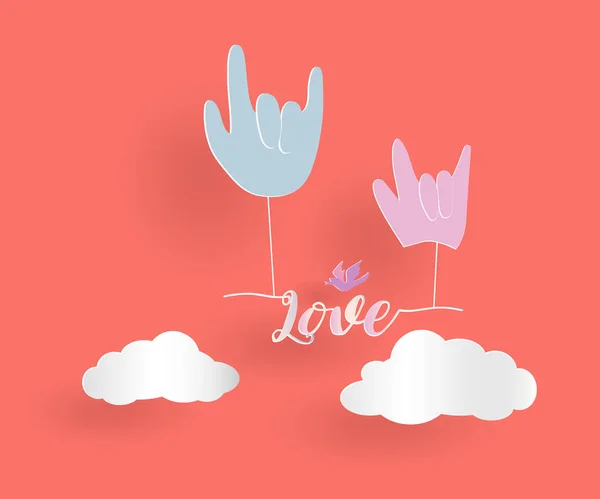 Love Hand Sign Floating Love Letter Bird Cloud Living Coral — Stock Vector