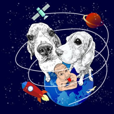 Oturumunu Filistinliyi uzayın ile onun iki beagle köpekler ile mavi dünya üzerindeki kırmızı dilini yapışmasını bir adam vektör yıldız, gezegen, roket ve uydu, evde beslenen hayvan ve sahibi, komik hayal illüstrasyon.