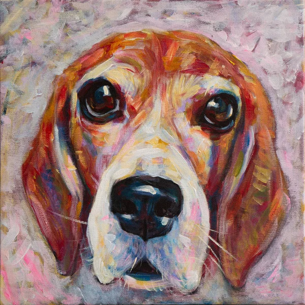 Portriát Rozkošného Bíglí Psa Malování Plátně Akrylové Barvy — Stock fotografie