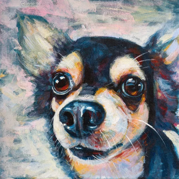 Portriat Adorable Chihuahua Dog Painting Canvas Acrylic Color — Stock Photo, Image