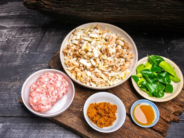 Ingredientes Para Cocinar Cerdo Curry Frito Jaca Joven Cocida Rodajas —  Fotos de Stock