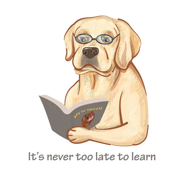 白い背景の上の警句と成功への鍵の本を読んで身に着けているラブラドール犬の漫画 ベクトル図 — ストックベクタ