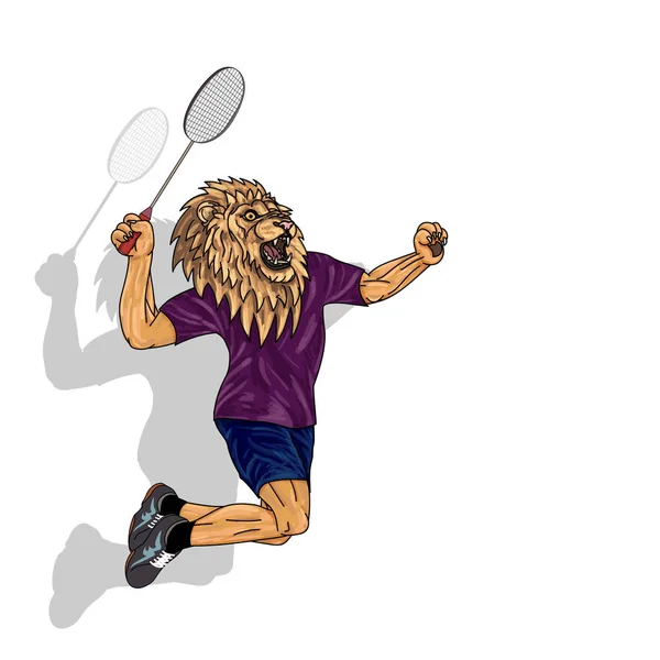 Badminton player, lion in human body, jumping to smash badminyon — Stock Vector