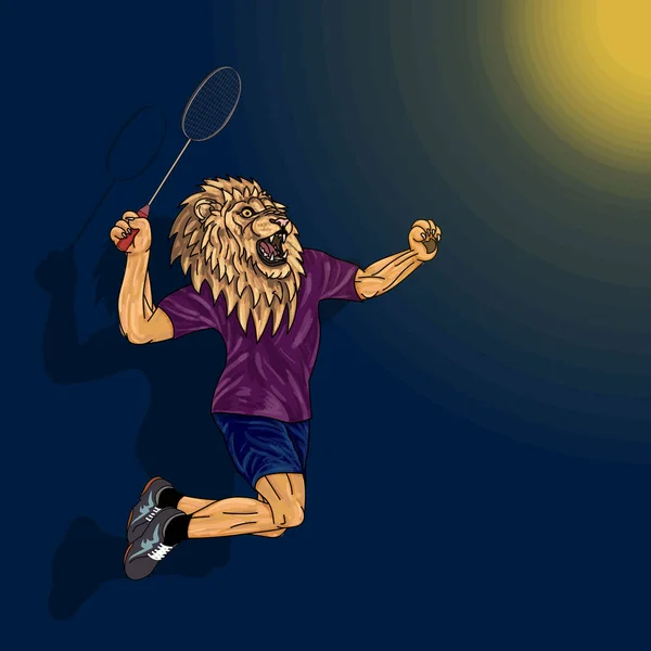 Badminton player, lion in human body, jumping to smash badminyon — Stock Vector