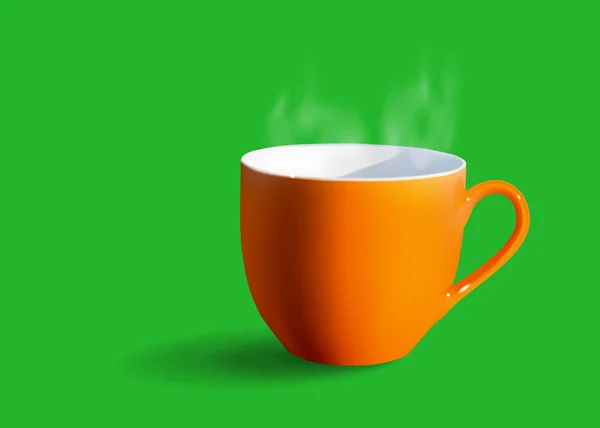 녹색 배경에 흰색 연기와 커피오란 컵. — 스톡 벡터