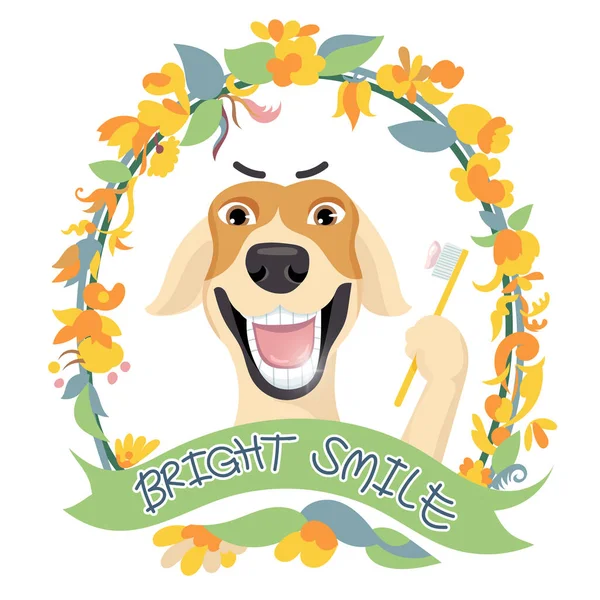 Lindo perro está sonriendo y mostrando los dientes blancos, mientras que la pierna delantera sostiene — Vector de stock