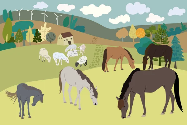 丘の上の田舎の風景、農家、馬と羊 — ストックベクタ