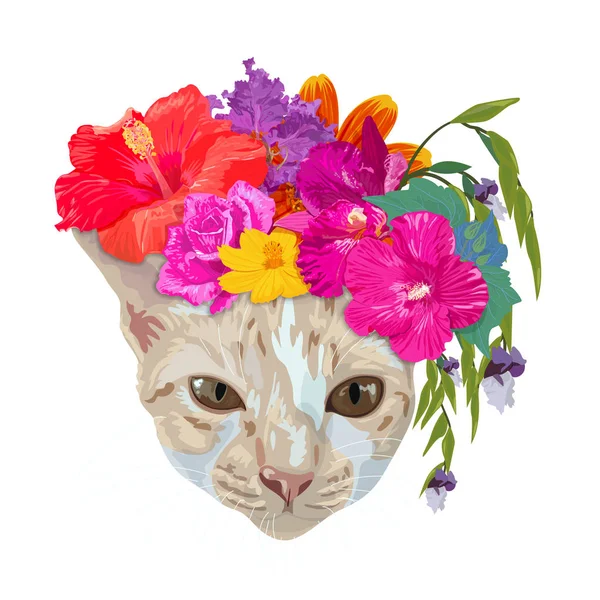 ginger cat head wear chaplet with colorful flower isolated on wh