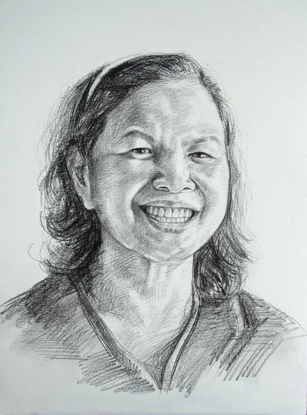 Dibujo retrato de mujer asiática envejecida, lápiz sobre papel . — Foto de Stock