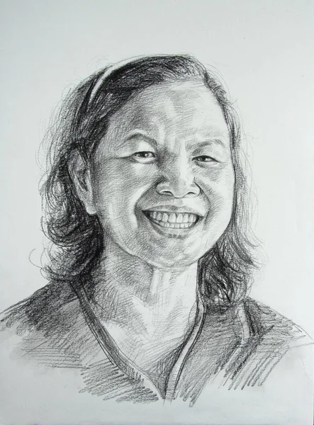 Drawing portrait of aged asian woman, pencil on paper.