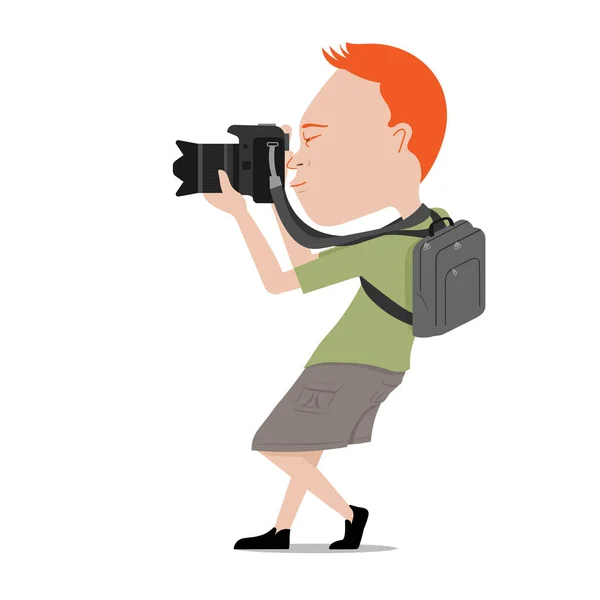 Desenhos animados de caráter de fotógrafo masculino levar saco em pose de shoo —  Vetores de Stock