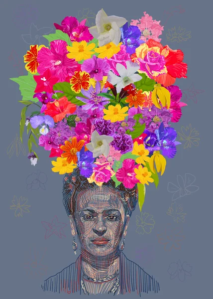 Desenho do retrato de Frida Kahlo, um jovem e belo wom mexicano — Vetor de Stock