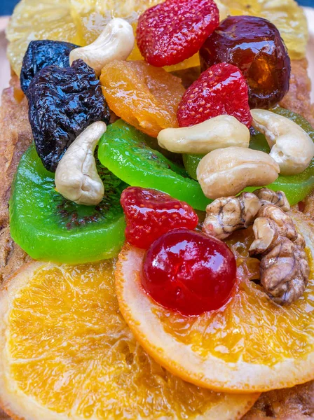 Fruitcake pasted with sweetend fruits.