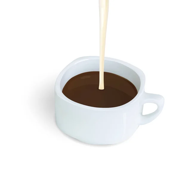 Verter leche condensada en café o bebida de coco en taza blanca — Vector de stock