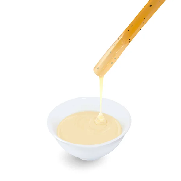 Bâtonnet de pain trempé avec du lait condensé dans une tasse sur fond blanc — Image vectorielle