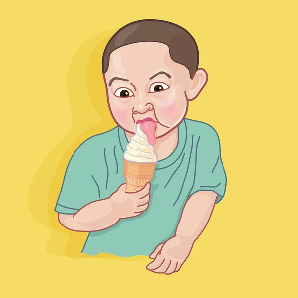 Kid deliciously eating icecream. Cute boy licking icecream on ye — Stock Vector