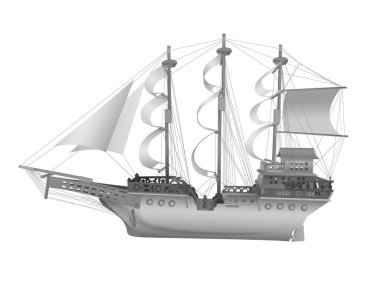 Beyaz arkaplanda izole edilmiş klasik yelkenli gemi, vektör illüstrasyonu.