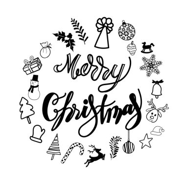 Beyaz arka plana süsleme için süslemelerle süslenmiş mutlu Noel el yazısı. vektör illüstrasyonu