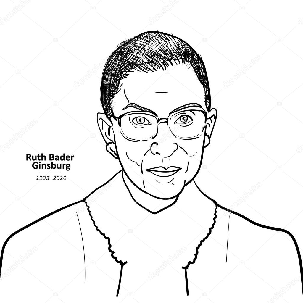 September 24, 2020 Drawing portrait of United States Supreme Court Justice, Ruth Bader Ginsburg isolated on white background. vector illustration.