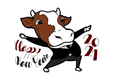 Komik jestleri olan takım elbiseli bir inek ve beyaz arka planda el yazısıyla mutlu yıllar 2021. vektör illüstrasyonu.