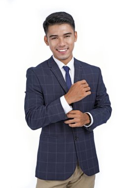 Asya yakışıklı genç iş adamı kopya alanı ile beyaz arka plan izole