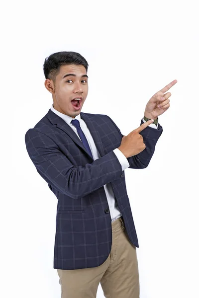 Asian handsome young business man with hand and finger showing isolated on white background with copy space — Stock Photo, Image