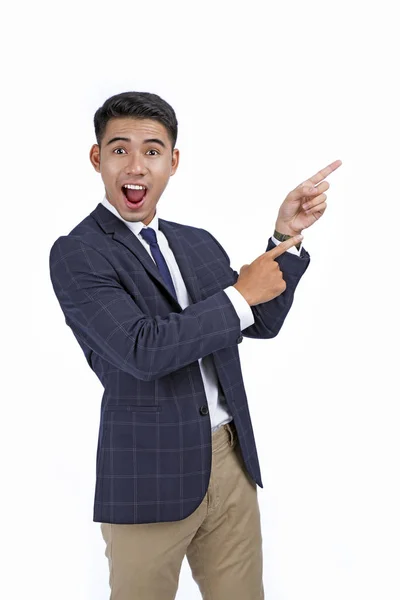 Asian Handsome Young Business Man Hand Finger Showing Isolated White — Stock Photo, Image