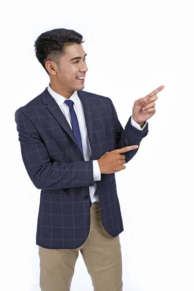 Asian handsome young business man with hand and finger showing isolated on white background with copy space — Stock Photo, Image