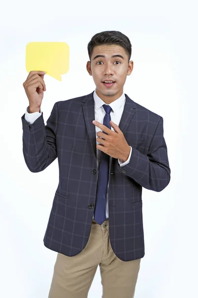Asian handsome young business man holding concept bubble speech — Stock Photo, Image