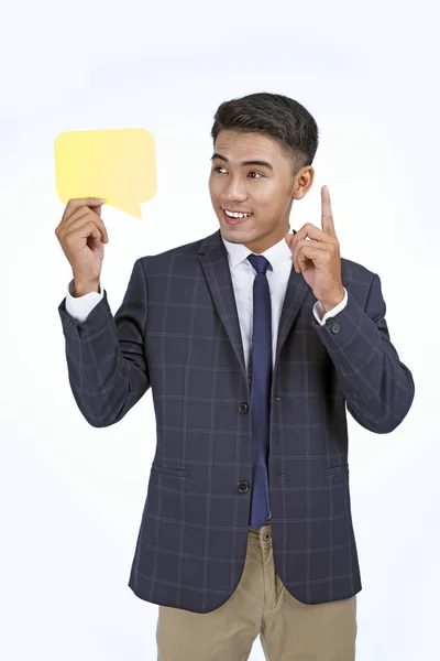 Asian handsome young business man holding concept paper icon pro — Stock Photo, Image